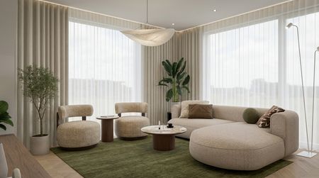Wnętrze salonu w stylu boho, japandi i nowoczesnym z zielonym dywanem.