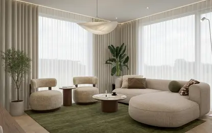 Wnętrze salonu w stylu boho, japandi i nowoczesnym z zielonym dywanem.