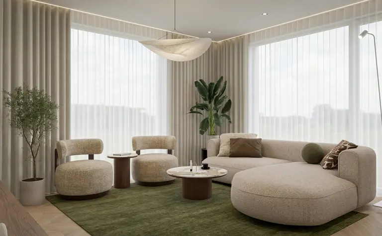 Wnętrze salonu w stylu boho, japandi i nowoczesnym z zielonym dywanem.