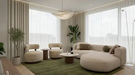 Wnętrze salonu w stylu boho, japandi i nowoczesnym z zielonym dywanem.