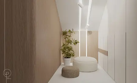 Wnętrze garderoby w stylu japandi z drewnianymi ścianami i rośliną.