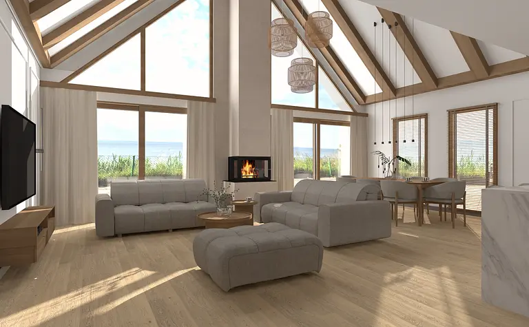 Wnętrze salonu w stylu japandi z minimalistycznymi meblami.