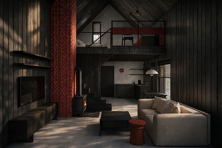 Wnętrze salonu w stylu industrialnym i minimalistycznym z kominkiem.