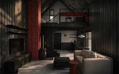 Wnętrze salonu w stylu industrialnym i minimalistycznym z kominkiem.