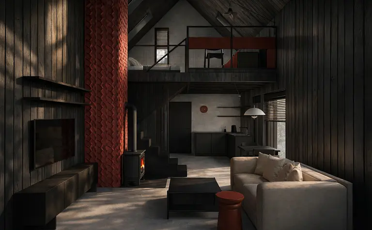 Wnętrze salonu w stylu industrialnym i minimalistycznym z kominkiem.
