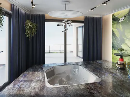 Nowoczesne wnętrze z jacuzzi, zasłonami i widokiem na balkon.