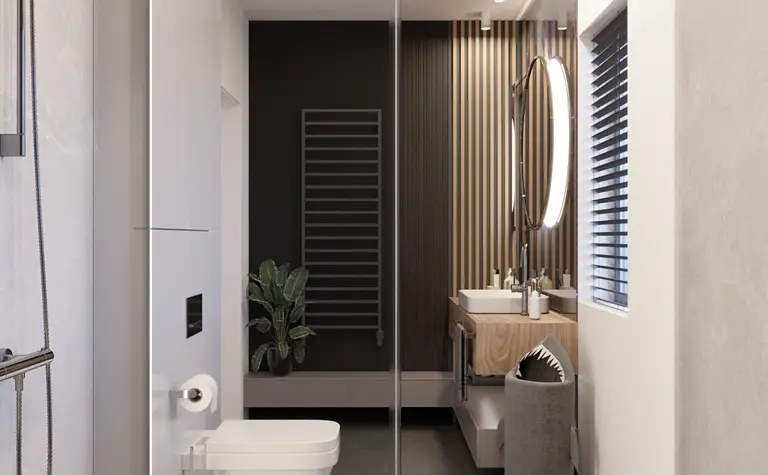 Wnętrze łazienki z minimalistycznym designem, nowoczesnym oświetleniem i elementami soft minimalizmu.