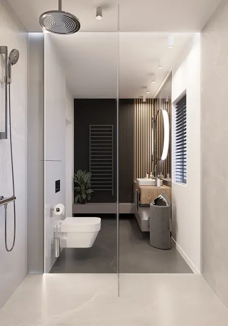 Wnętrze łazienki z minimalistycznym designem, nowoczesnym oświetleniem i elementami soft minimalizmu.