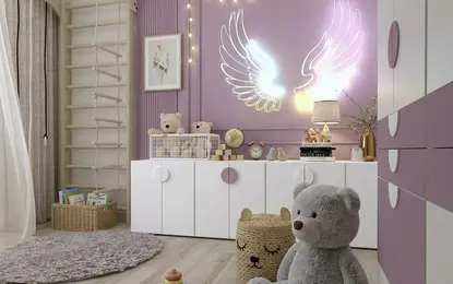 Pokój dla dzieci w stylu nowoczesnym i skandynawskim z fioletowymi ścianami i zabawkami.