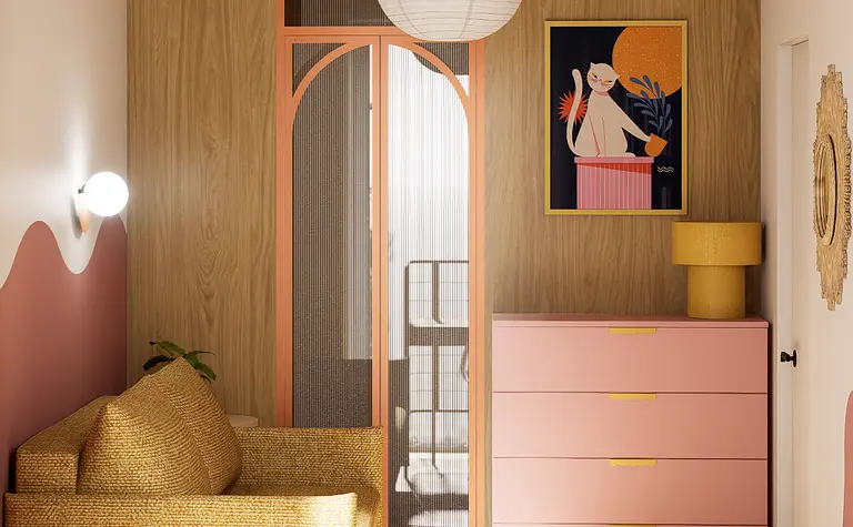 Wnętrze z różową komodą, drewnianymi elementami, styl art deco i vintage.