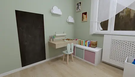 Pokój dla dzieci z biurkiem, regałem na książki i ścianą w kolorze zielonym.