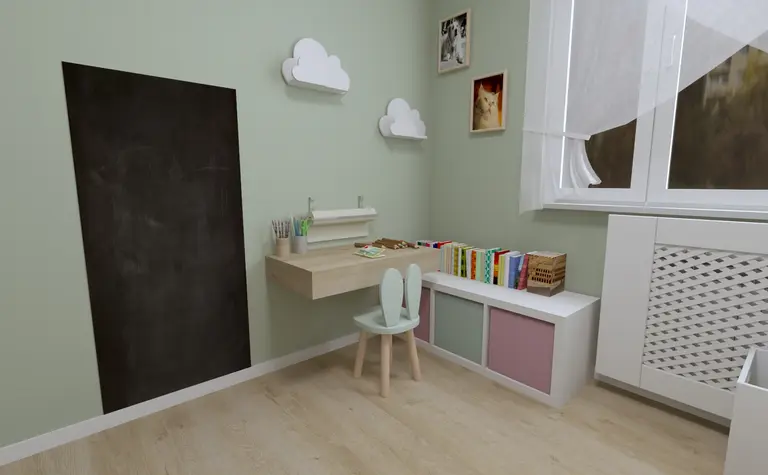 Pokój dla dzieci z biurkiem, regałem na książki i ścianą w kolorze zielonym.