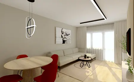 Wnętrze salonu z białą sofą, drewnianym stołem i nowoczesnym oświetleniem.