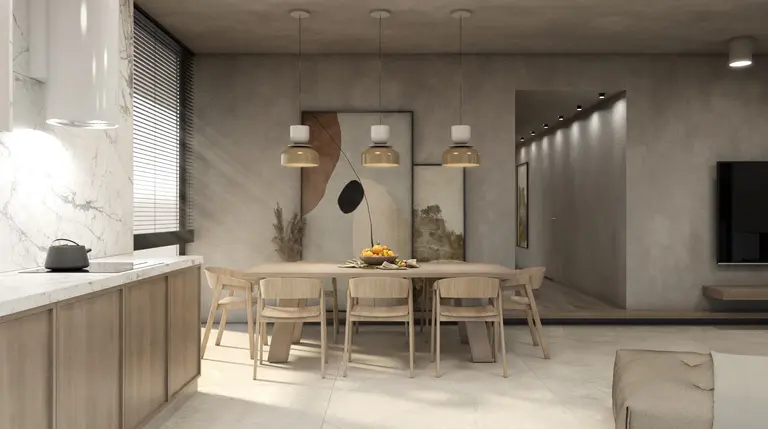Wnętrze jadalni z drewnianym stołem, boho, japandi, minimalistycznym, nowoczesnym, skandynawskim, vintage.