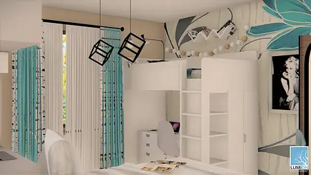 Pokój dziecięcy z białym meblem, niebieskimi zasłonami i dekoracjami w stylu industrialnym.
