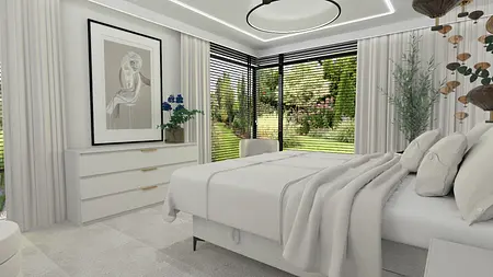 Wnętrze sypialni z białymi meblami, roślinami i drewnianymi detalami w stylu glamour i nowoczesnym.