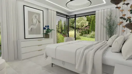 Wnętrze sypialni z białymi meblami, roślinami i drewnianymi detalami w stylu glamour i nowoczesnym.
