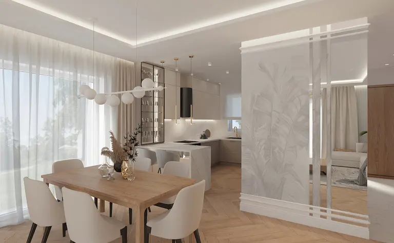 Wnętrze kuchni z drewnianym stołem, białymi krzesłami i nowoczesnymi akcentami, dopamine decor.