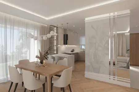 Wnętrze kuchni z drewnianym stołem, białymi krzesłami i nowoczesnymi akcentami, dopamine decor.
