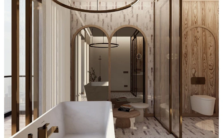 Nowoczesna łazienka glamour z wanną i drewnem, styl quiet luxury