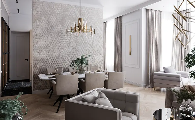 Wnętrze jadalni eklektycznej z glamour akcentami, nowoczesnymi detalami i tradycyjnymi elementami.