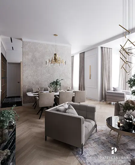 Wnętrze jadalni eklektycznej z glamour akcentami, nowoczesnymi detalami i tradycyjnymi elementami.