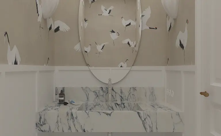 Wnętrze łazienki z marmurową umywalką i ścianą w ptaki, styl art deco, minimaluxe, quiet luxury.