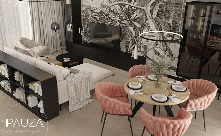Nowoczesny salon z różowymi krzesłami i dużą sofą, telewizor na ścianie.
