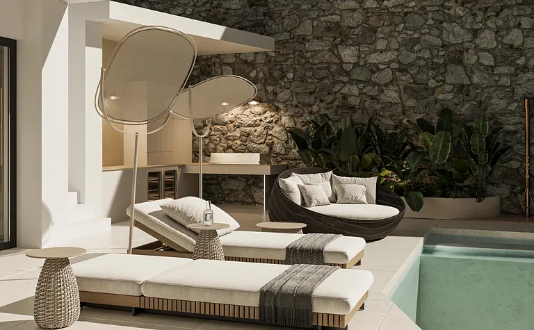 Wnętrze tarasu z nowoczesnymi leżakami i roślinami