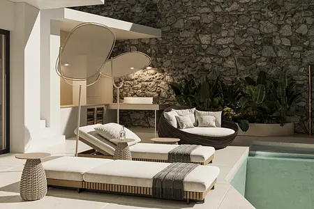 Wnętrze tarasu z nowoczesnymi leżakami i roślinami