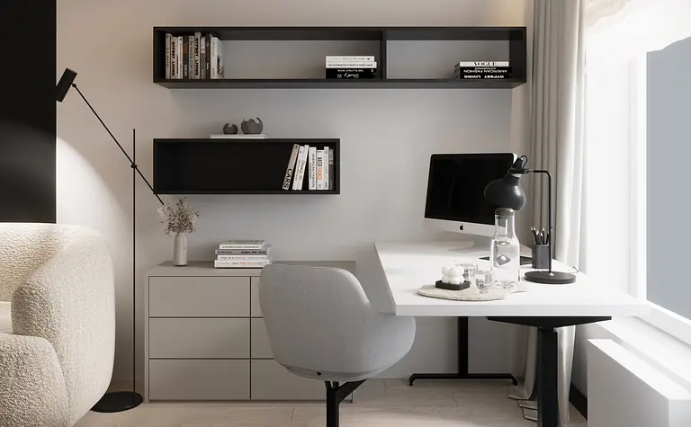 Wnętrze gabinetu w stylu eklektycznym, glamour i minimalistycznym z biurkiem i książkami.