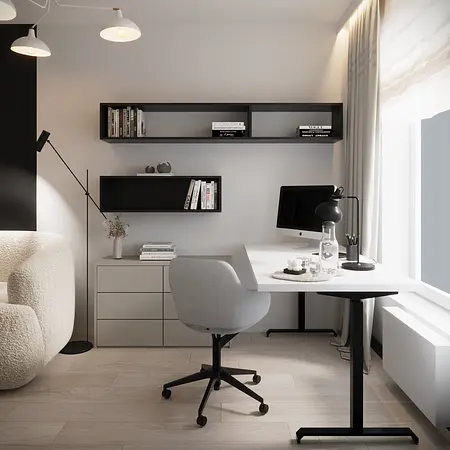 Wnętrze gabinetu w stylu eklektycznym, glamour i minimalistycznym z biurkiem i książkami.