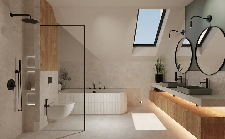 Współczesna łazienka z dużą wanną, podwójną umywalką, drewnianymi akcentami i dużymi lustrami.