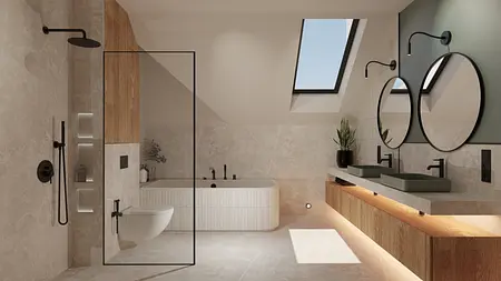 Współczesna łazienka z dużą wanną, podwójną umywalką, drewnianymi akcentami i dużymi lustrami.