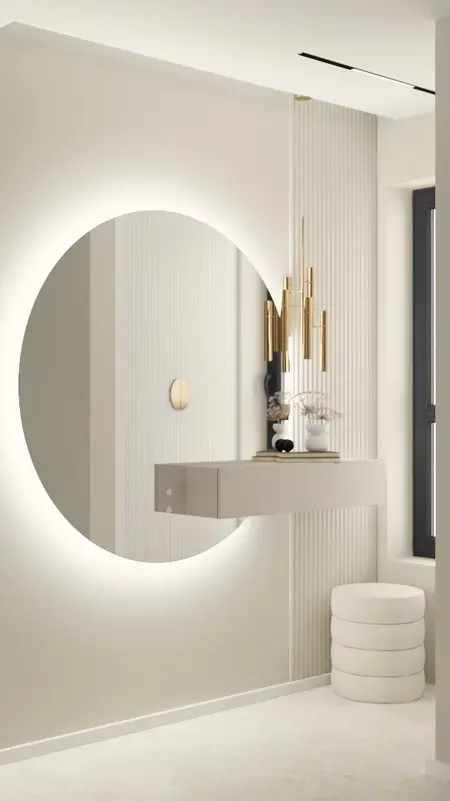 Nowoczesny przedpokój z lustrem i lampą w stylu quiet luxury.