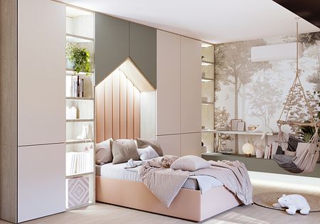 Wnętrze sypialni w stylu boho i współczesnym z jasnymi meblami i roślinami.