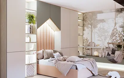 Wnętrze sypialni w stylu boho i współczesnym z jasnymi meblami i roślinami.