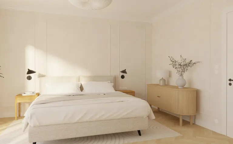 Sypialnia z minimalistycznym wystrojem, art deco i tradycyjnymi elementami.