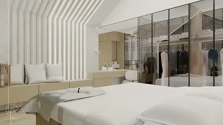 Wnętrze sypialni w stylu japandi z białym łóżkiem i drewnianymi detalami.