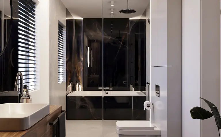 Nowoczesna łazienka z minimalistycznym stylem, czarnymi i drewnianymi elementami