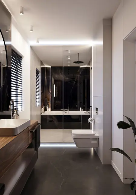 Nowoczesna łazienka z minimalistycznym stylem, czarnymi i drewnianymi elementami