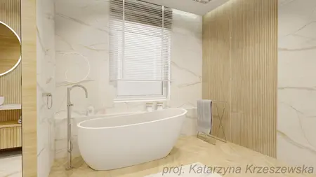 Nowoczesna łazienka z białą wanną i drewnianymi detalami.