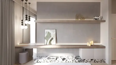 Minimalistyczne wnętrze w stylu japandi z szarymi ścianami i drewnianymi elementami.