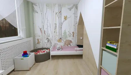Pokój dziecięcy z kolorową tapetą i łóżkiem