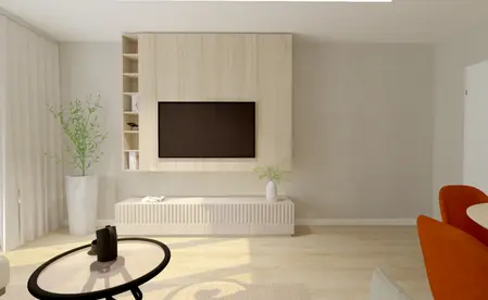 Współczesny salon z drewnianymi meblami, telewizorem i rośliną.