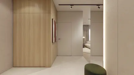 Przedpokój w stylu japandi, minimaluxe, nowoczesny, soft minimalizm, współczesny z drewnianą szafą