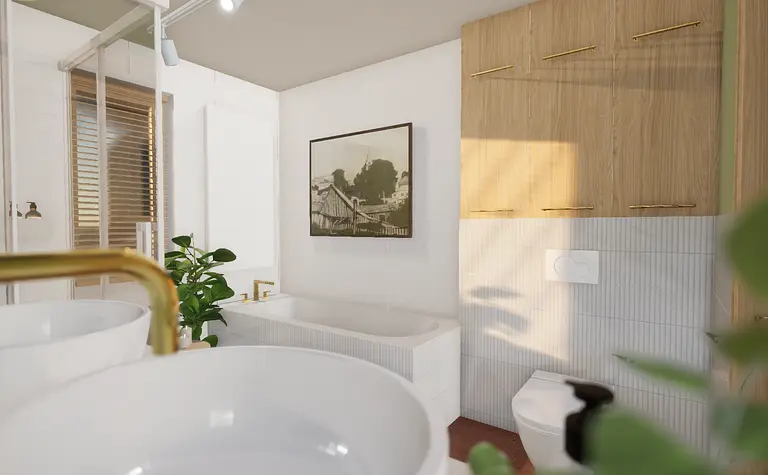Wnętrze łazienki z wanną, drewnianymi szafkami i roślinami, styl boho, japandi i minimalistyczny.