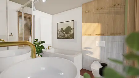 Wnętrze łazienki z wanną, drewnianymi szafkami i roślinami, styl boho, japandi i minimalistyczny.