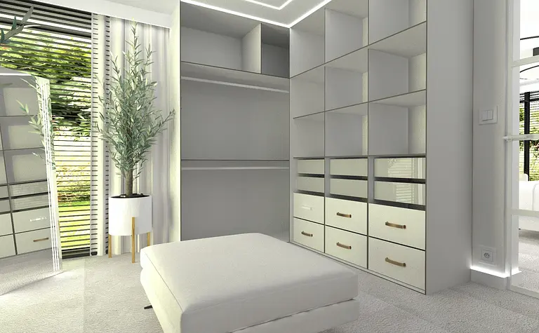 Garderoba z białymi meblami, lustrem i rośliną, styl glamour, nowoczesny