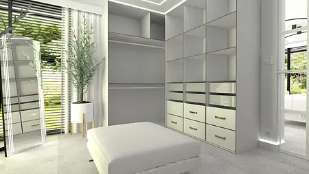 Garderoba z białymi meblami, lustrem i rośliną, styl glamour, nowoczesny